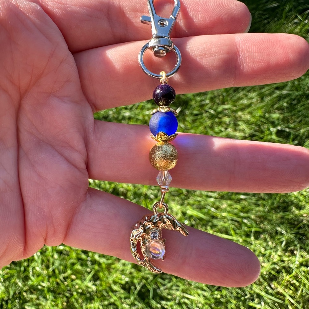 Colorful Beaded Keychain with Moon Charm Celestial 90s Vintage Y2K Inspired